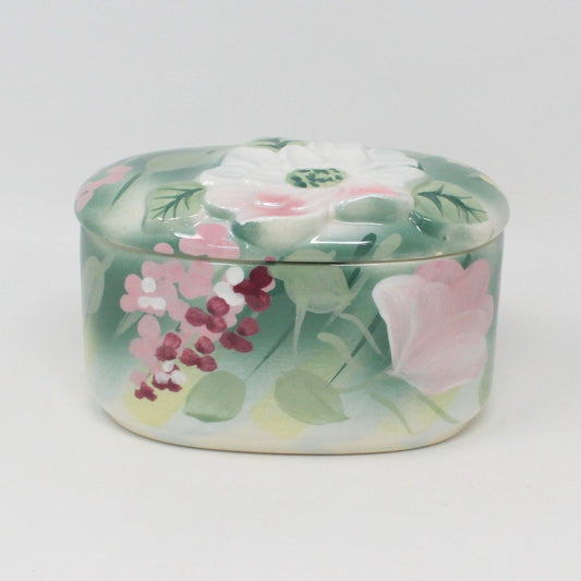 Trinket Box & Tray, Vanity Set, Vohann of California, Camille Green Floral, Vintage
