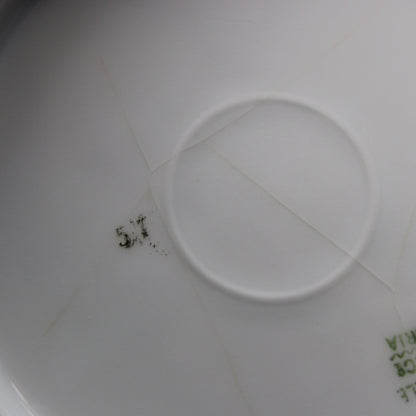 Close-up of a white antique porcelain  plate with crazing on the backside.