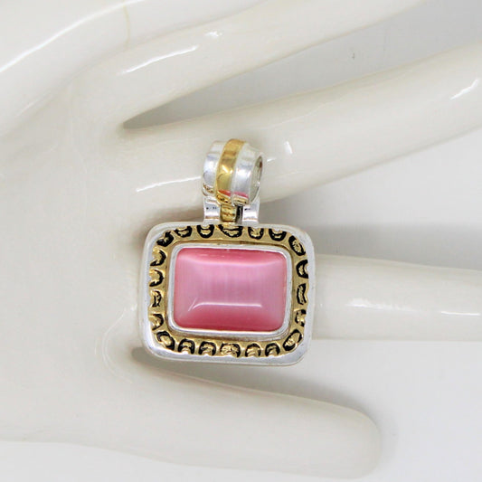Pendant, Geometric Imitation Pink Cat's Eye on Silver & Gold Tone, Vintage