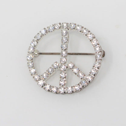 Pendant / Brooch, Peace Sign, White Rhinestones on Silver Tone Metal