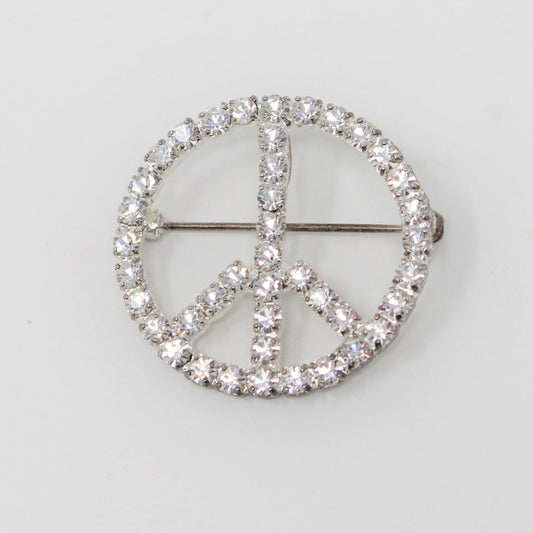 Pendant / Brooch, Peace Sign, White Rhinestones on Silver Tone Metal