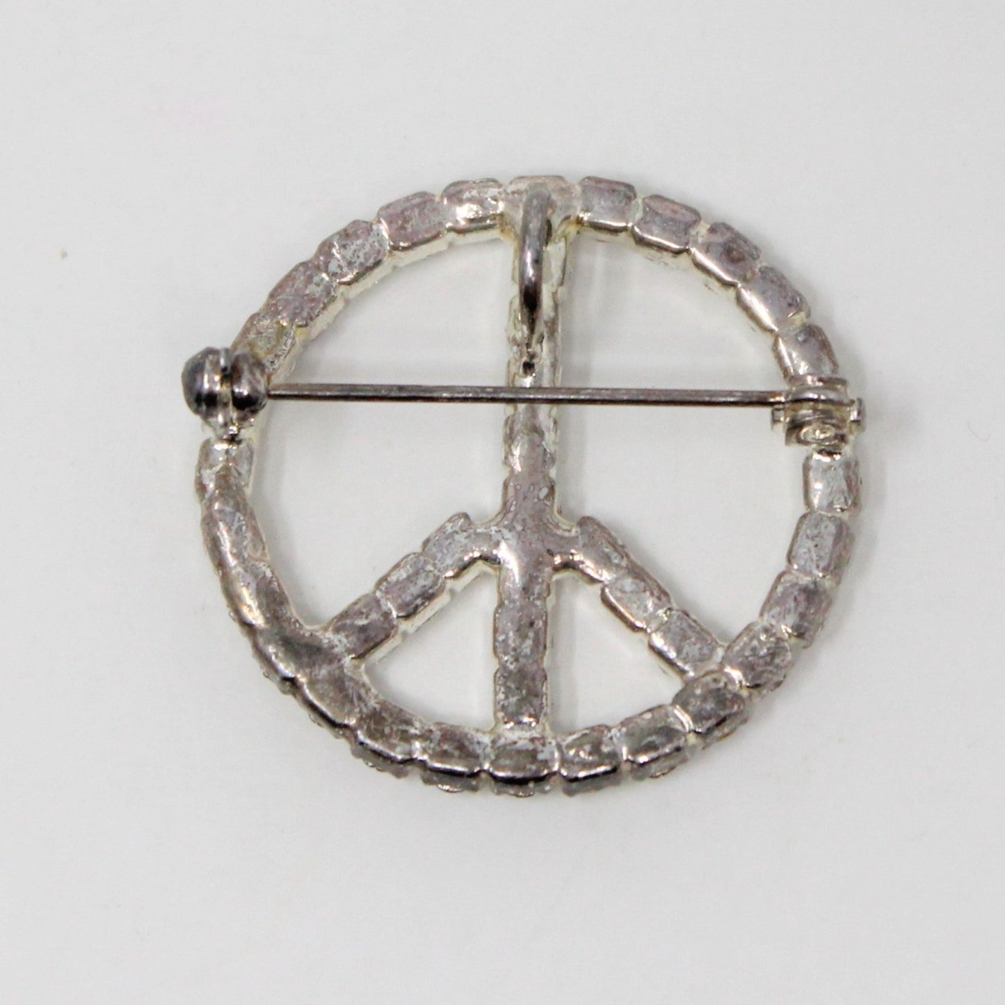 Pendant / Brooch, Peace Sign, White Rhinestones on Silver Tone Metal