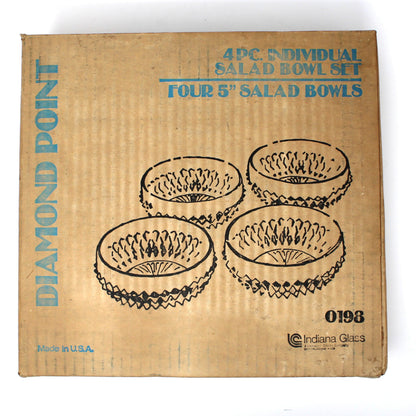 View of cardboard box with illustrations of salad bowls and text from Indiana Glass Diamond Point bowls
