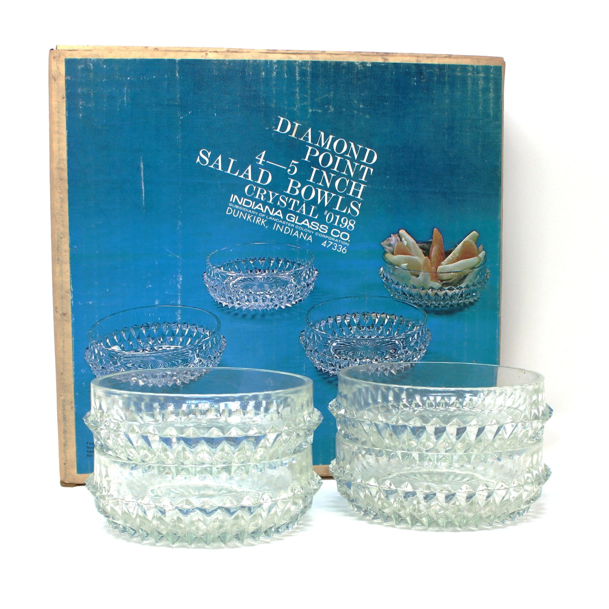 Vintage glass cereal bowls, Diamond Point clear pattern from Indiana Glass. In original box.