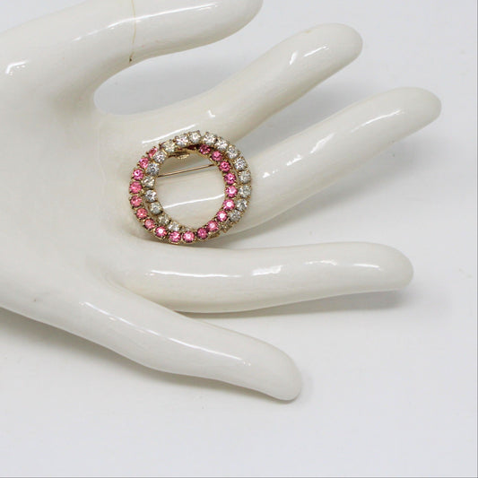 Brooch / Pin, Double Circle Pink & Clear Rhinestones on Gold Tone Metal, Vintage