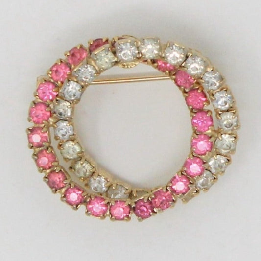 Pin / Brooch, Double Circle Pink & Clear Rhinestones on Gold Tone Metal, Vintage