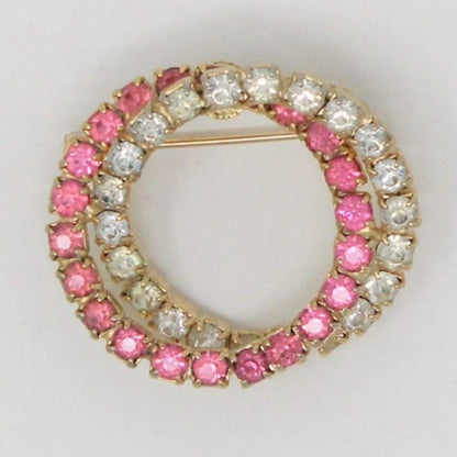 Brooch / Pin, Double Circle Pink & Clear Rhinestones on Gold Tone Metal, Vintage