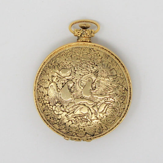 Pendant, Max Factor, Pocket Watch Style Pressed Powder Compact, Golden Doves/Birds, Vintage