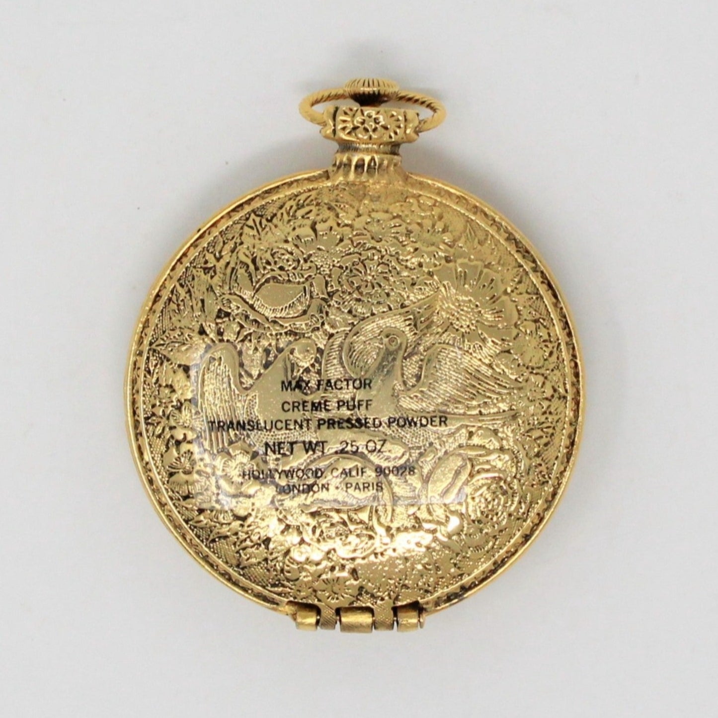 Pendant, Max Factor, Pocket Watch Style Pressed Powder Compact, Golden Doves/Birds, Vintage