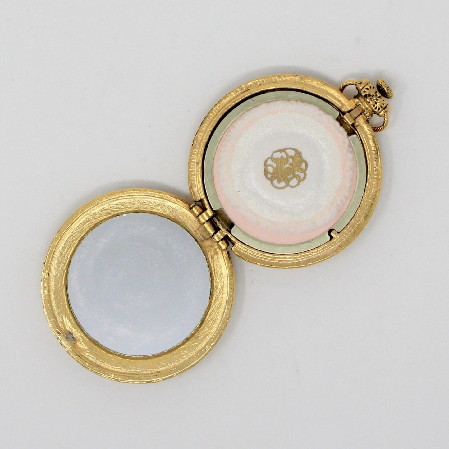 Pendant, Max Factor, Pocket Watch Style Pressed Powder Compact, Golden Doves/Birds, Vintage