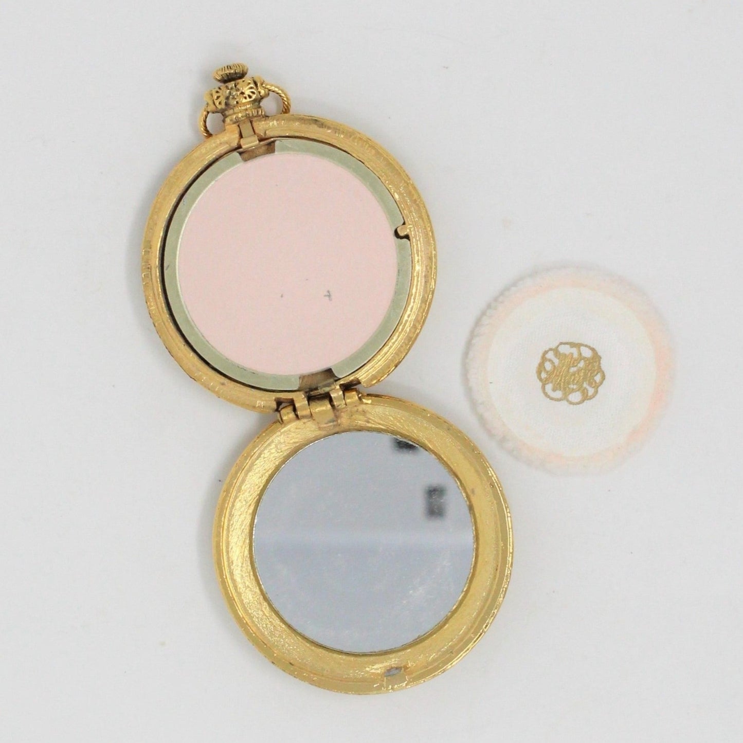 Pendant, Max Factor, Pocket Watch Style Pressed Powder Compact, Golden Doves/Birds, Vintage