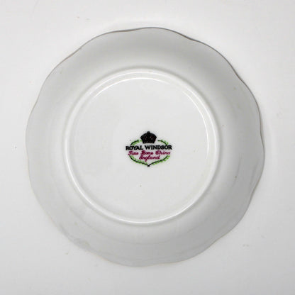 Back view of Royal Windsor fine bone china dessert bowl with a logo on a white background