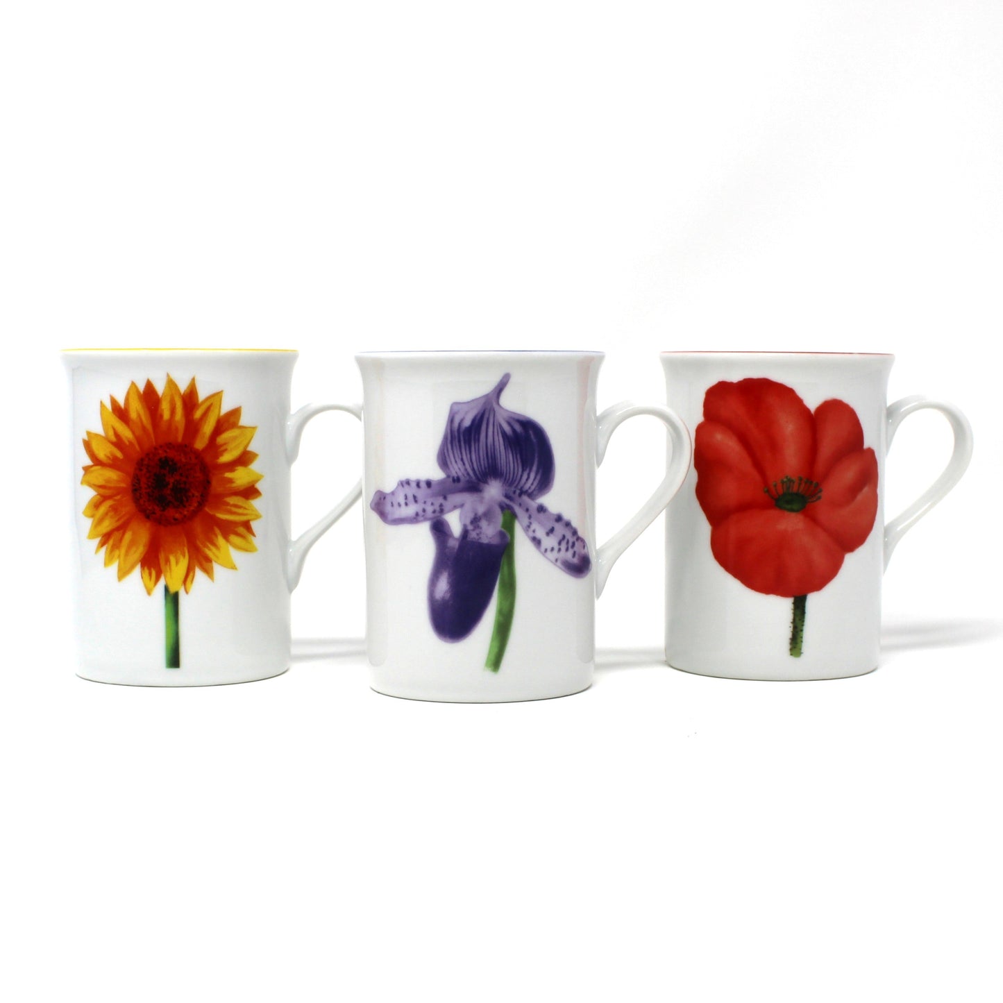 Vintage set of three mugs with floral designs by Lillian Vernon.  Poppy, Iris and Sunflower