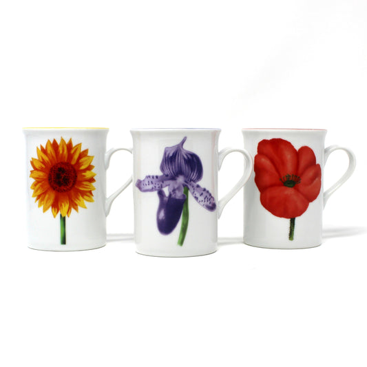 Vintage set of three mugs with floral designs by Lillian Vernon.  Poppy, Iris and Sunflower