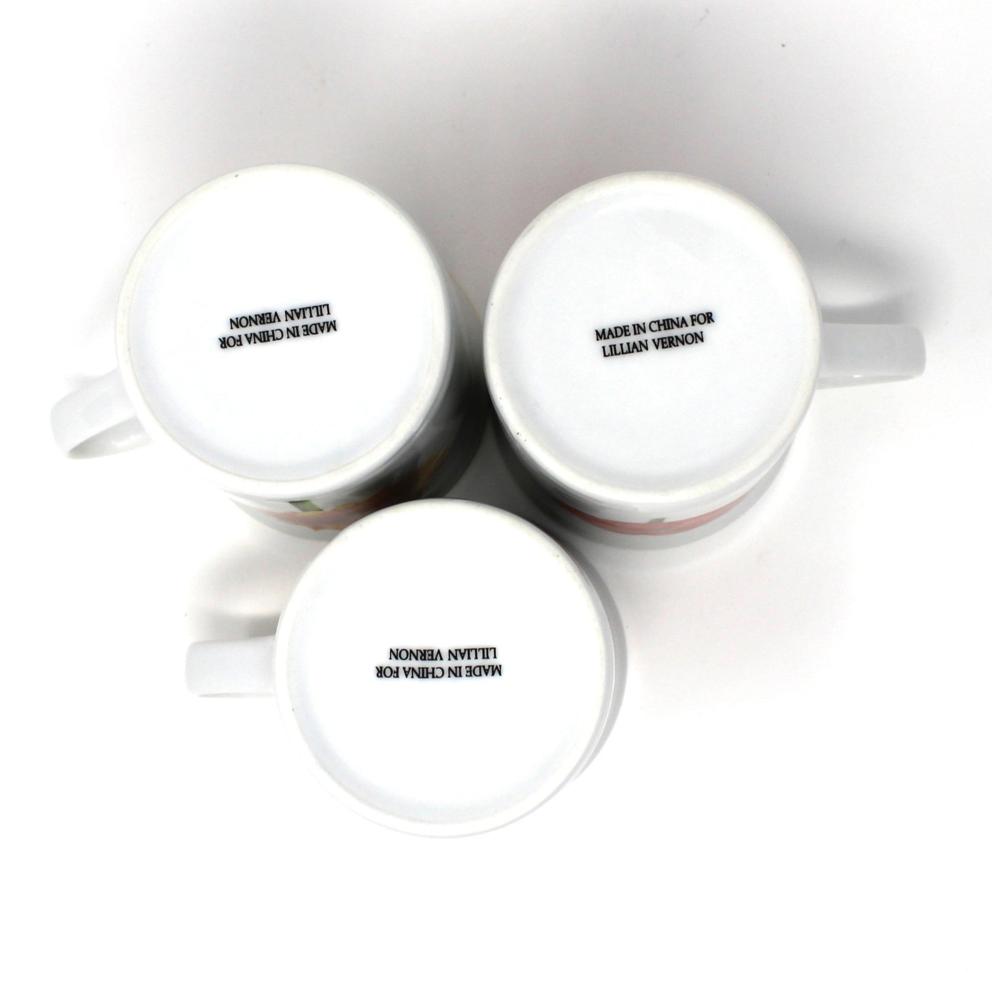 Bottom view of vintage mugs by Lillian Vernon.