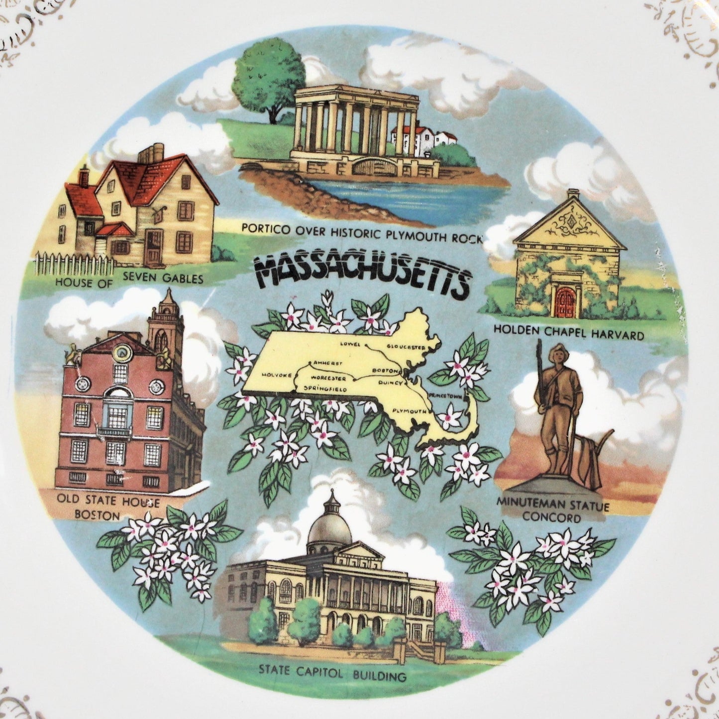 Decorative Plate, Souvenir State Collectors Plate, Massachusetts, Vintage 1950's