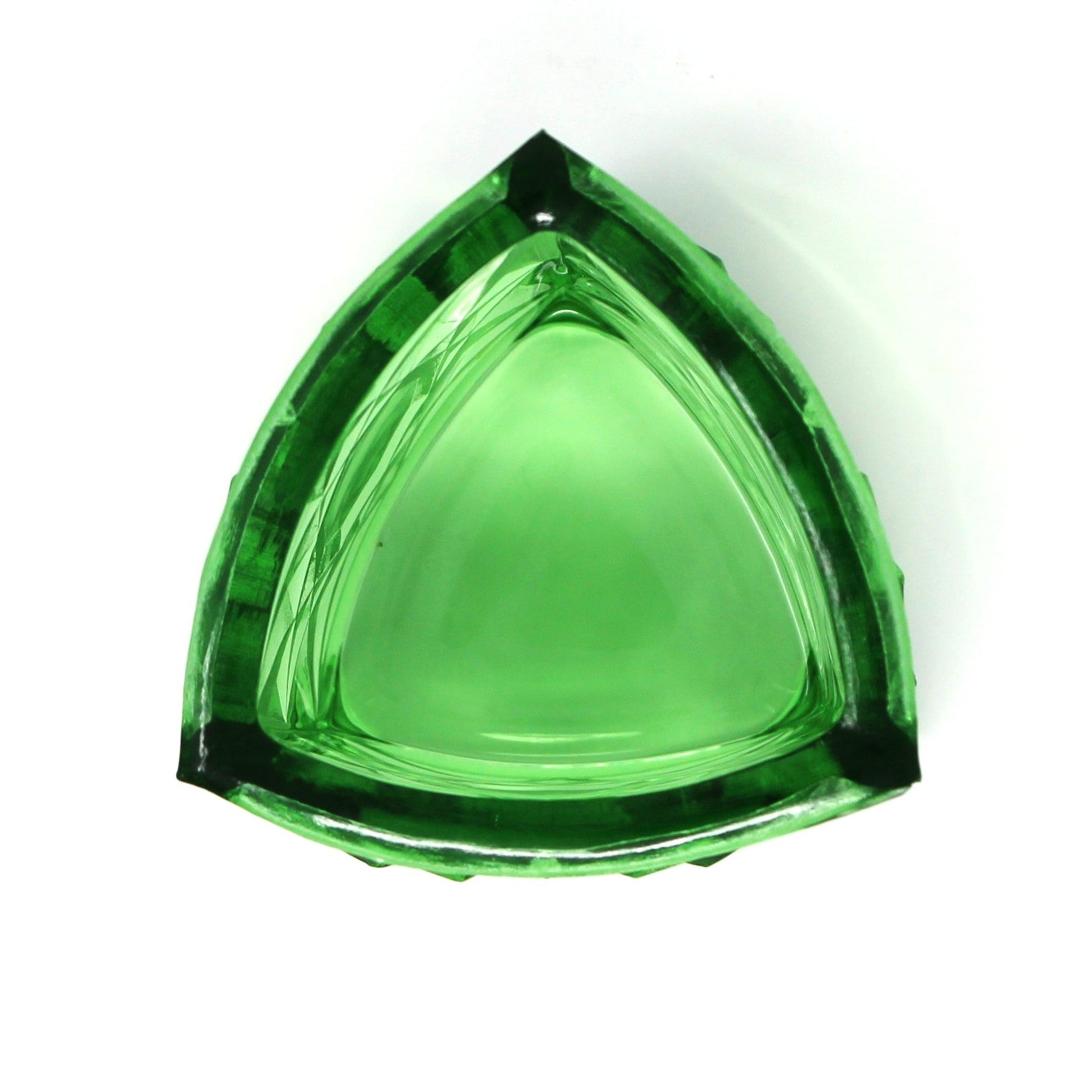 Top view of triangular shaped vintage toothpick holder.  Green glass from LG Wright.