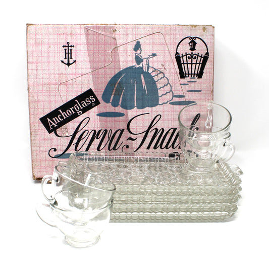 Clear plates and cups set for four, with pink original box labeled 'Serva Snack'.  Vintage Anchor Hocking.
