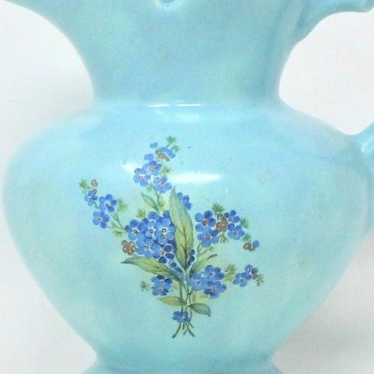 Pitcher, Floral Forget Me Not Decal on Robins Egg Blue Ceramic, Vintage