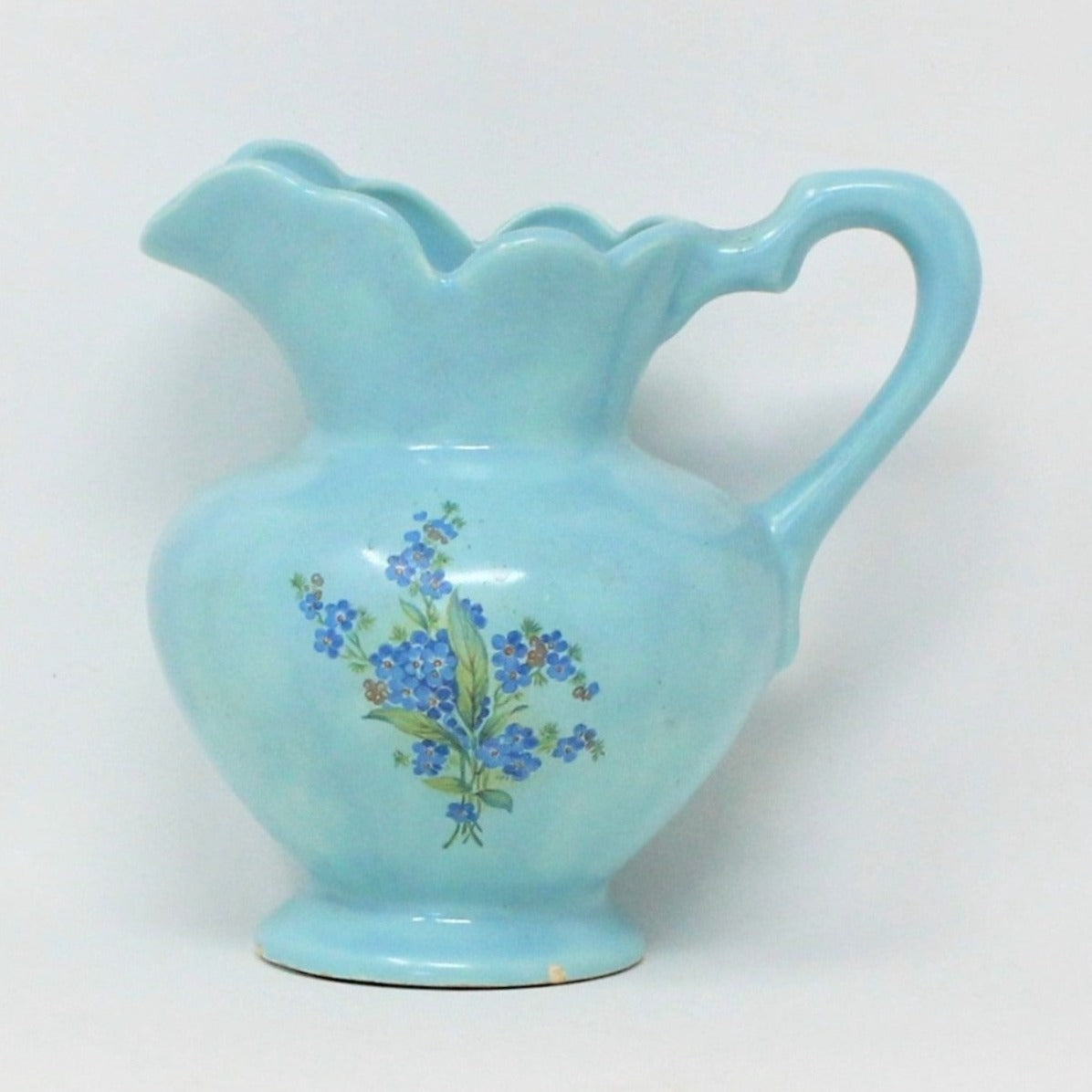 Pitcher, Floral Forget Me Not Decal on Robins Egg Blue Ceramic, Vintage