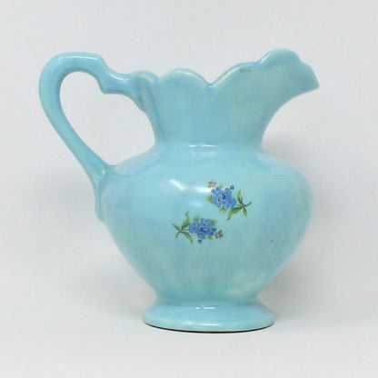 Pitcher, Floral Forget Me Not Decal on Robins Egg Blue Ceramic, Vintage