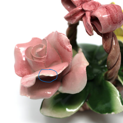 close up view of pink rose on vintage Capodimonte floral basket.  