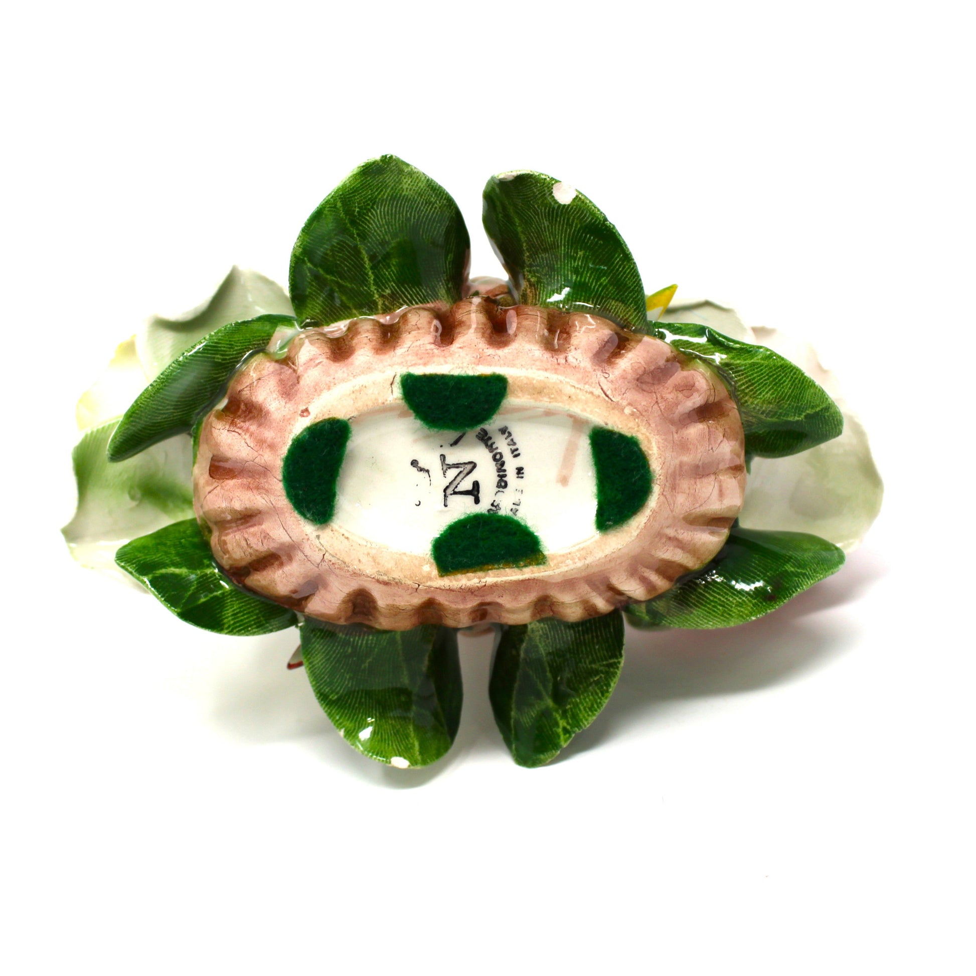 Bottom view of vintage Capodimonte roses basket with backstamp / logo.