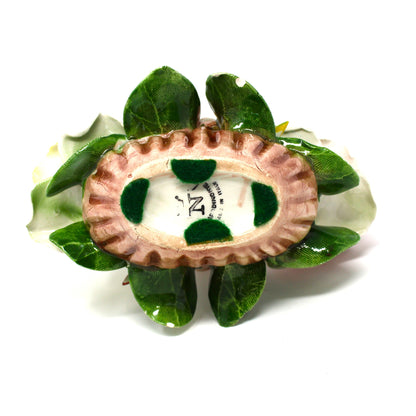 Bottom view of vintage Capodimonte roses basket with backstamp / logo.