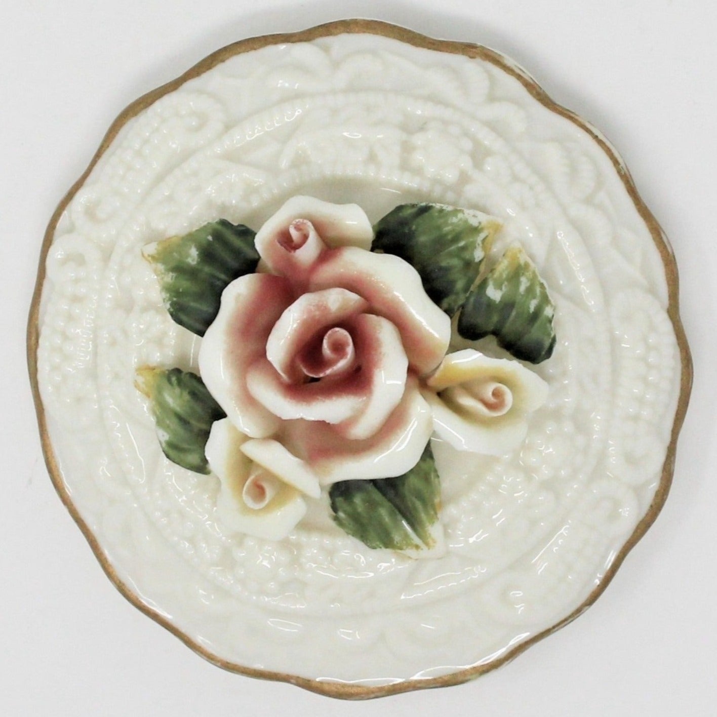 Trinket Box, Round Embossed Porcelain with Roses, Vintage