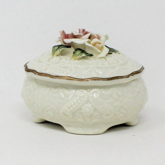 Trinket Box, Round Embossed Porcelain with Roses, Vintage