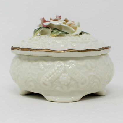 Trinket Box, Round Embossed Porcelain with Roses, Vintage