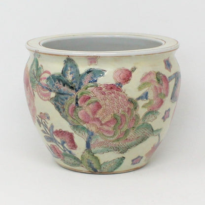 Planter, Oriental Fish Bowl, Porcelain Enamel Pink Floral, Vintage