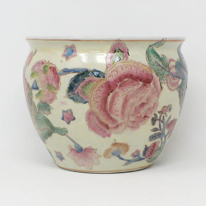 Planter, Oriental Fish Bowl, Porcelain Enamel Pink Floral, Vintage