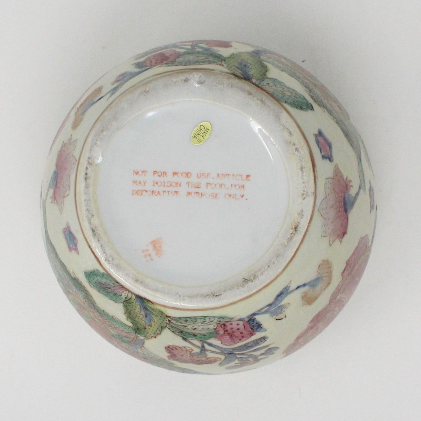 Planter, Oriental Fish Bowl, Porcelain Enamel Pink Floral, Vintage