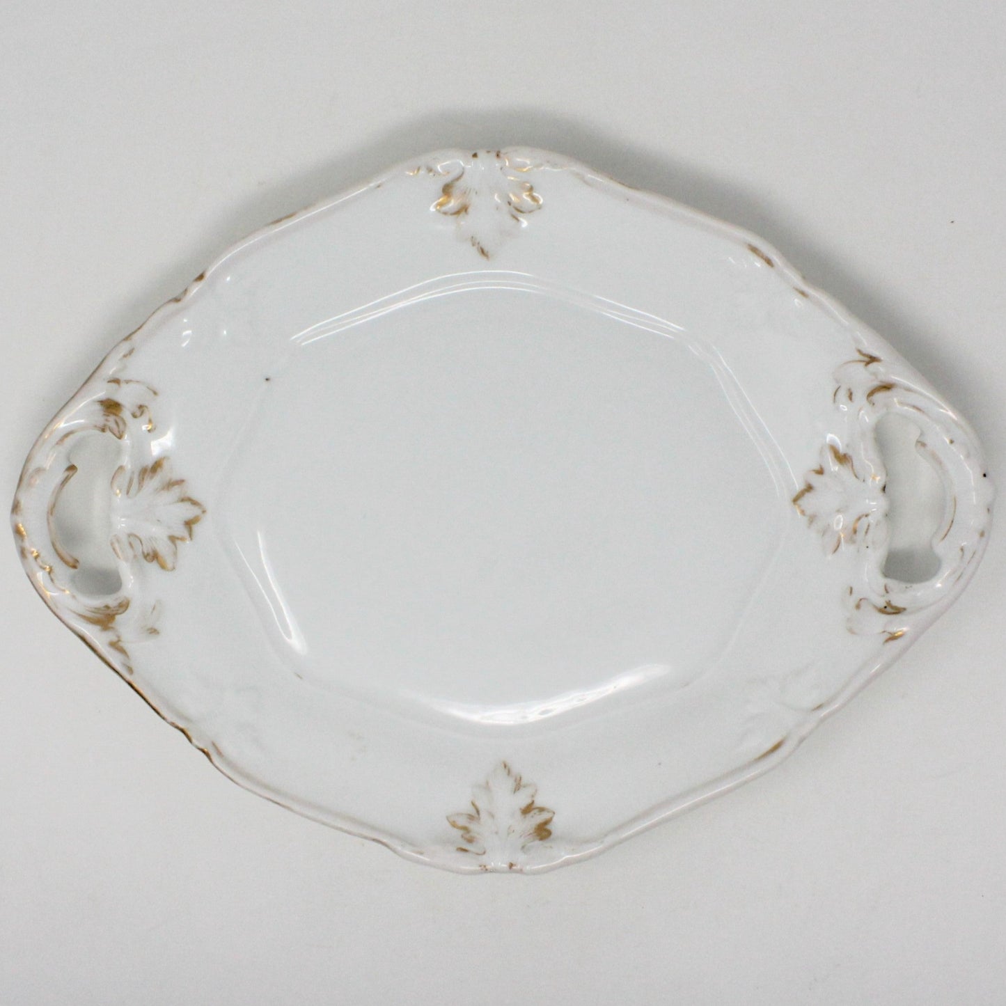 Serving Platter, White with Gold Leaves, Built in Handles, Vintage Ceramic 12"