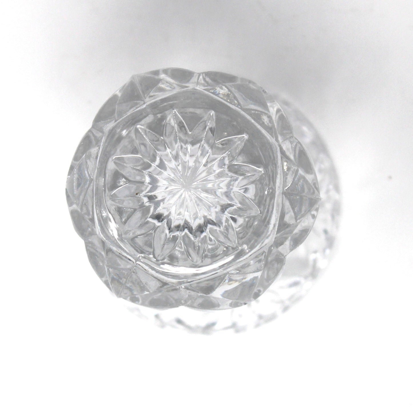 Bottom view of starburst on vintage crystal toothpick holder by Zajekar.  