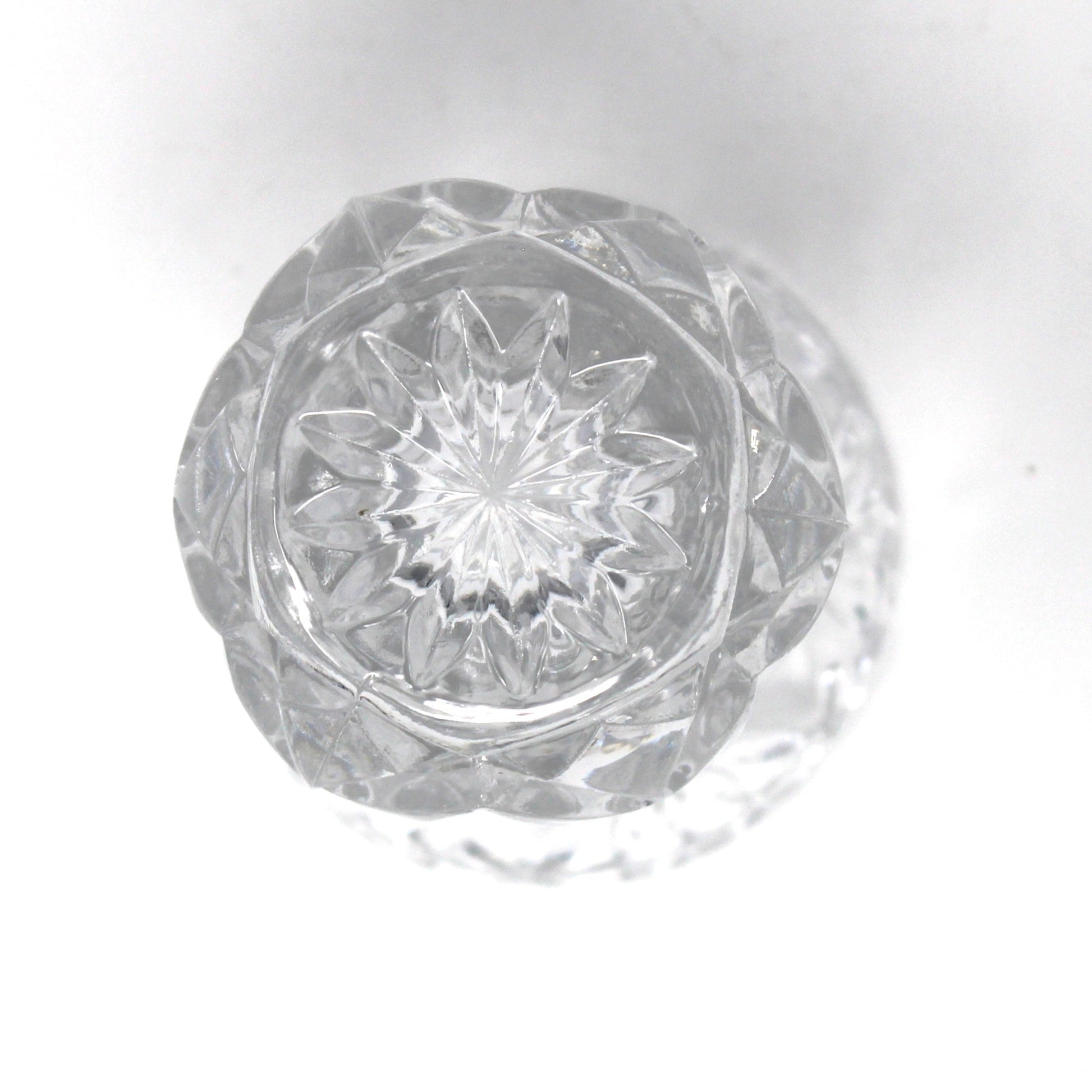 Bottom view of starburst on vintage crystal toothpick holder by Zajekar.  