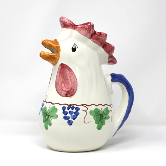 Italian Vietri ceramic rooster-shaped pitcher with colorful grapevine design 