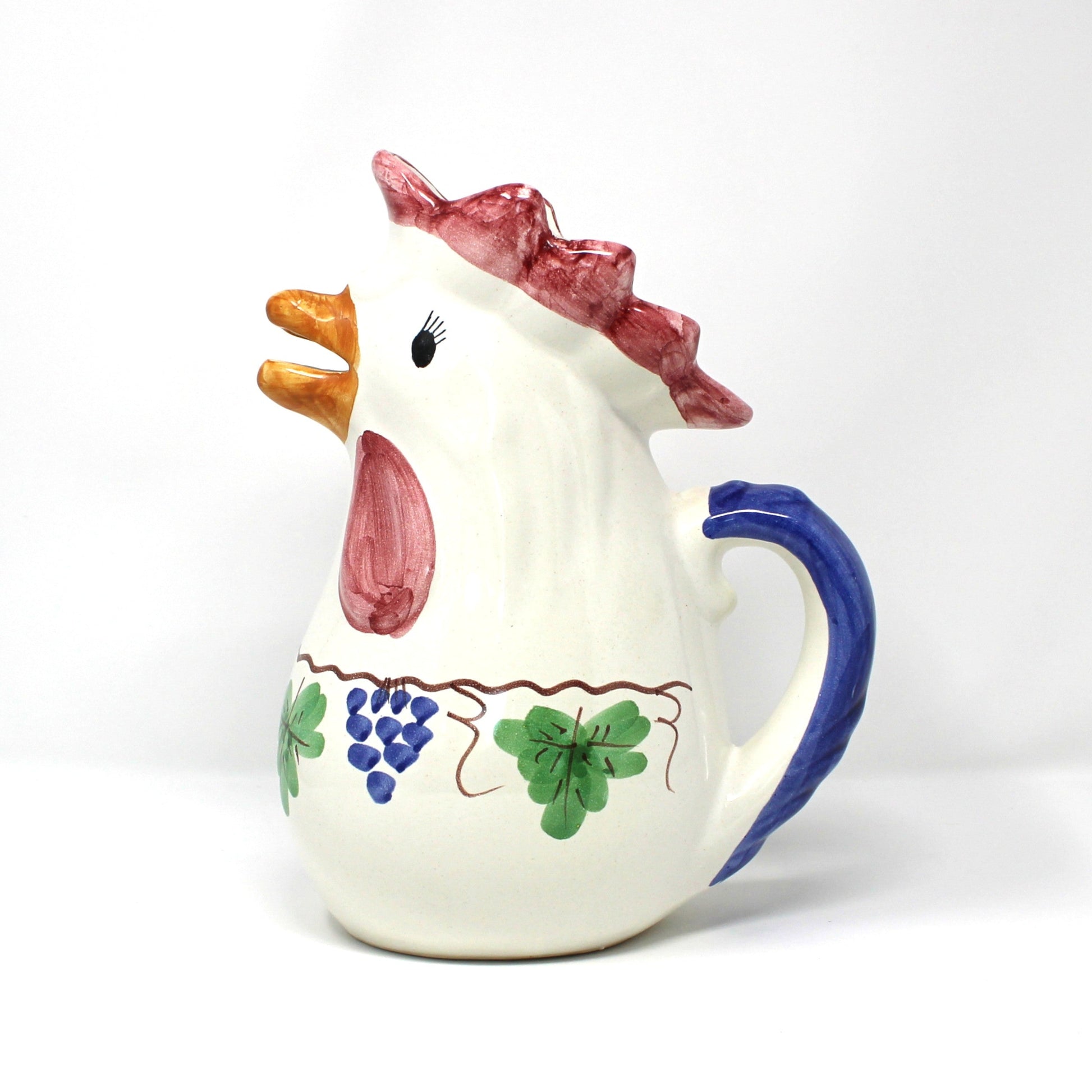 Italian ceramic rooster-shaped pitcher with a colorful, hand painted  grapevine design 