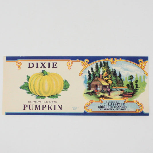 Can Label, Dixie Pumpkin, JJ Lassiter, Georgia, Original, NOS Lithograph, Vintage 1930's Rare