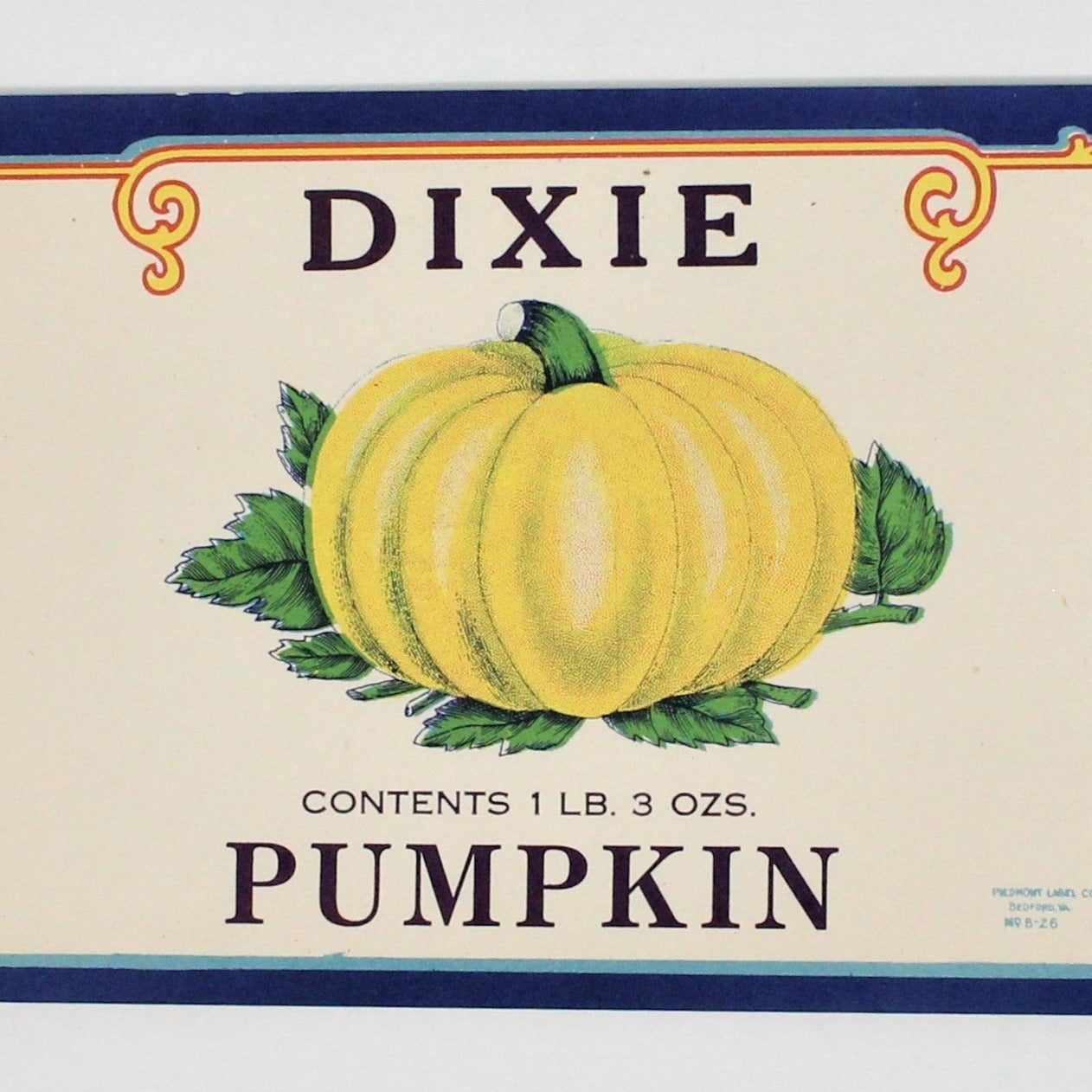Can Label, Dixie Pumpkin, JJ Lassiter, Georgia, Original, NOS Lithograph, Vintage 1930's Rare