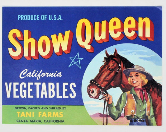 Crate Label, Show Queen Brand California Vegetables, Tani Farms CA, 7" Vintage, 1950's