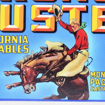 Crate Label, Bronco Buster California Vegetables, Monterey Packaging CA, 7" Vintage, 1940's