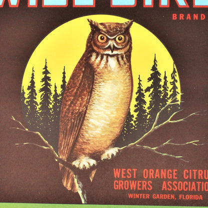 Crate Label, Wise Bird Brand, West Orange Citrus Growers, Vintage, 1940's