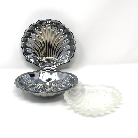 Vintage stainless shell-shaped caviar / condiment dish with glass insert.