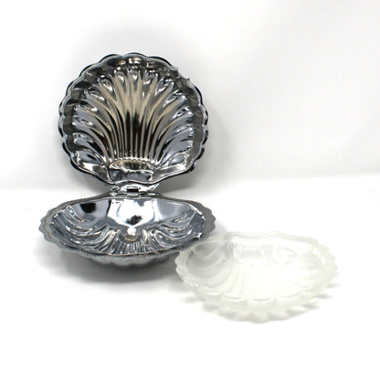 Vintage stainless shell-shaped caviar / condiment dish with glass insert.  