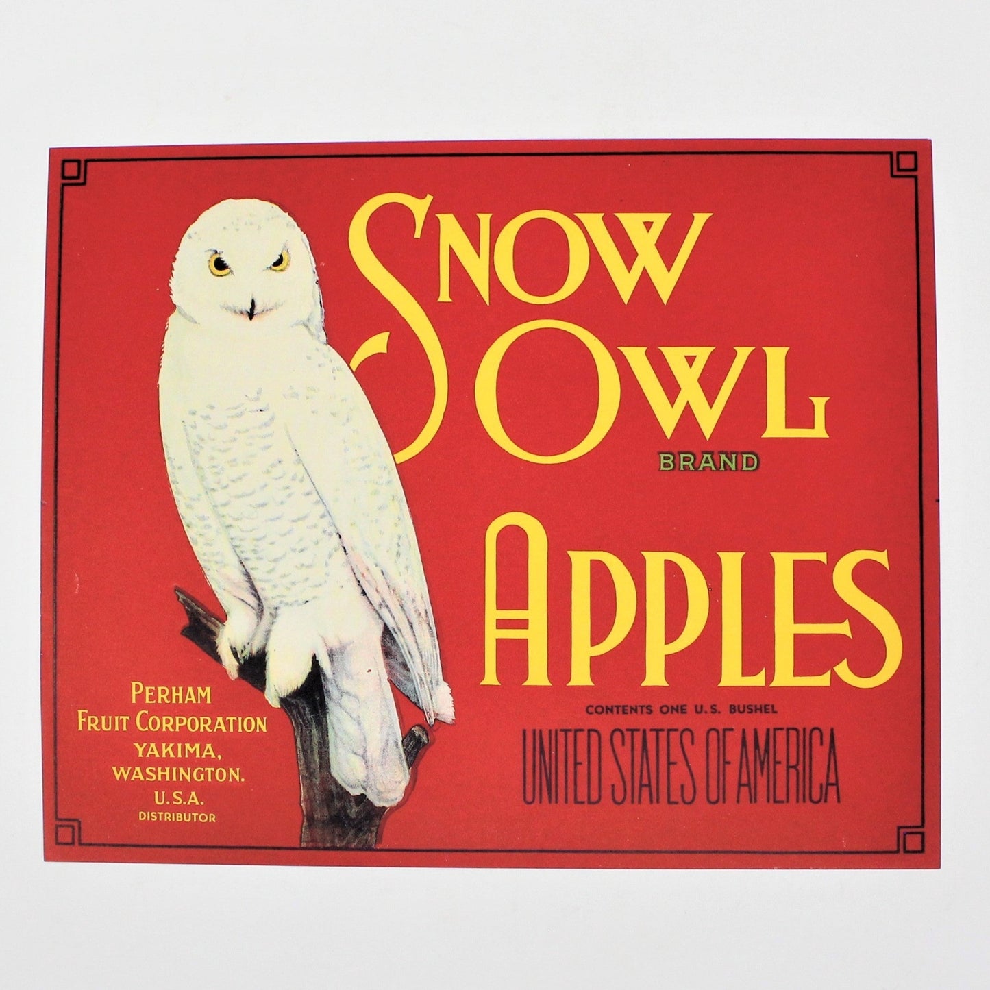 Crate Label, Snow Owl Brand Apples, Red, Perham Fruit Co, Vintage, 1930's