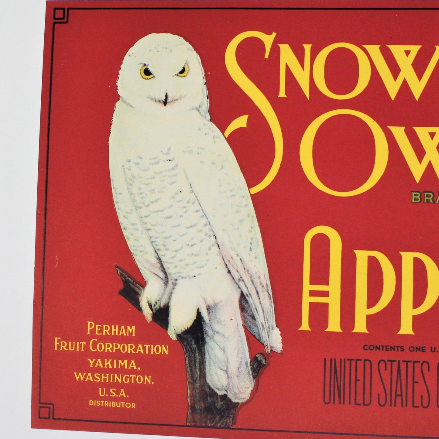 Crate Label, Snow Owl Brand Apples, Red, Perham Fruit Co, Vintage, 1930's