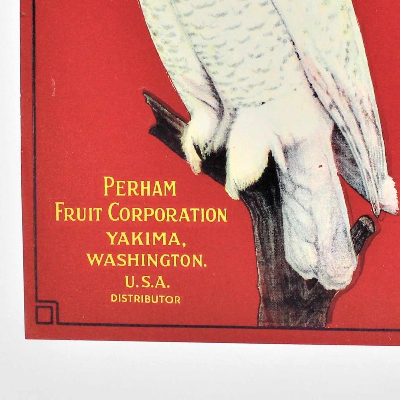 Crate Label, Snow Owl Brand Apples, Red, Perham Fruit Co, Vintage, 1930's