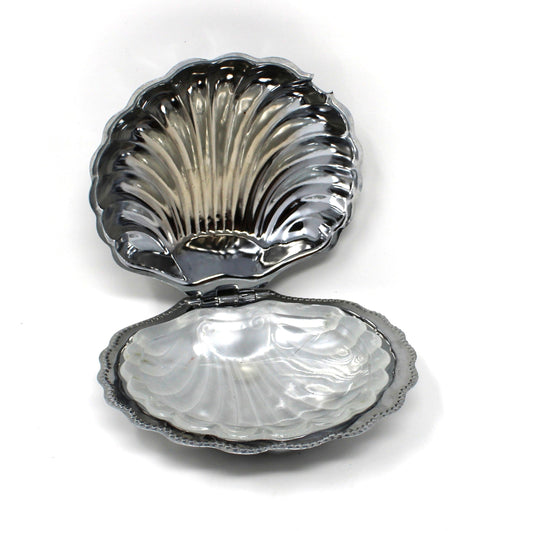 Vintage silver shell-shaped condiment / caviar server. Stainless Steel seashell with glass insert and hinged lid.